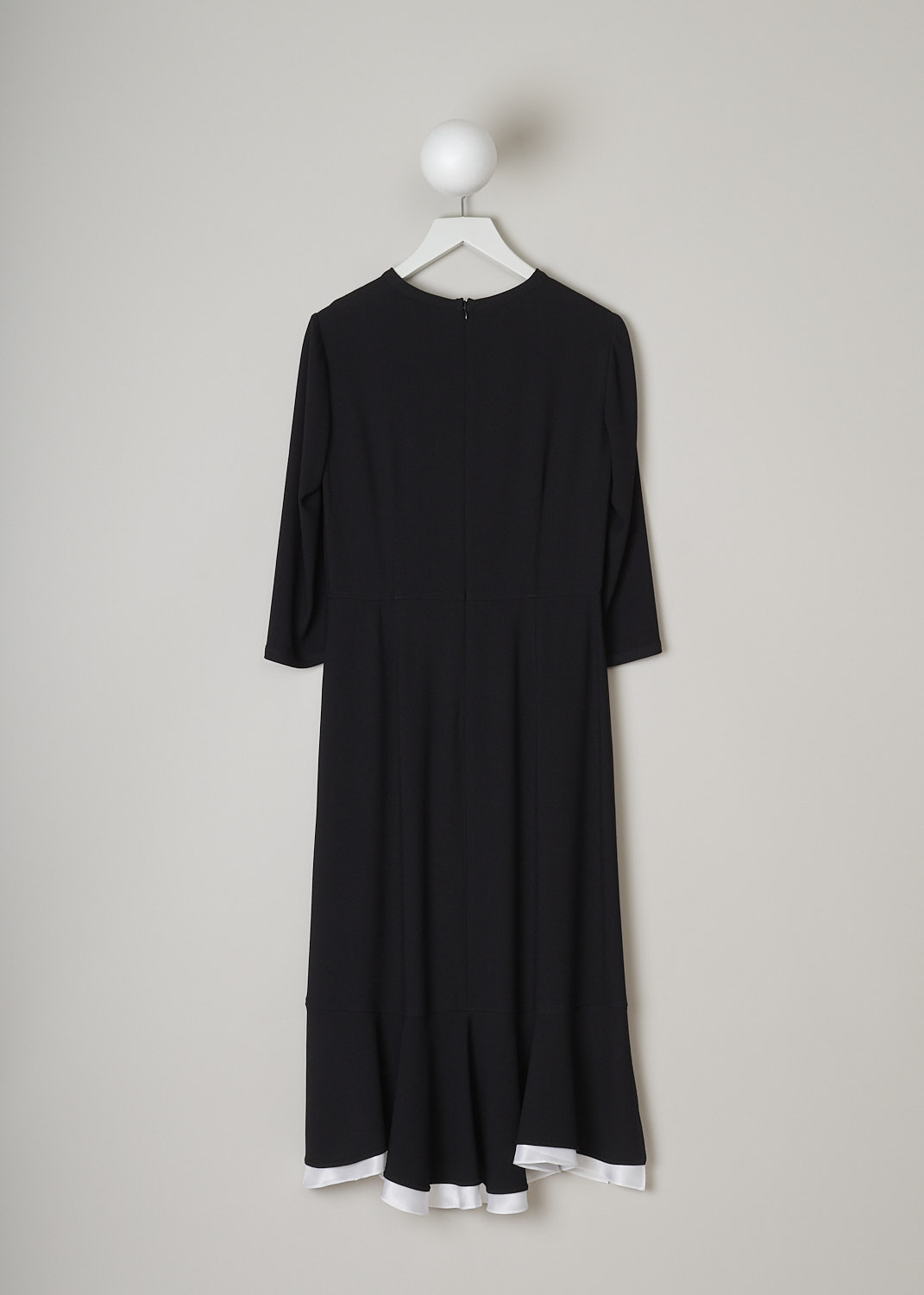MARNI, BLACK MIDI DRESS WITH WHITE TRIM, ABMA0765Q0_UTV851_00N99, Black, White, Back, This black midi dress has a round neckline an three quarter sleeves. The dress has a fitted bodice with a slightly flared skirt. The hemline has a subtle flounce with a white satin trim peeking out.    

