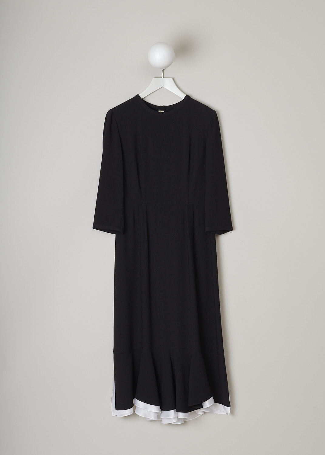 MARNI, BLACK MIDI DRESS WITH WHITE TRIM, ABMA0765Q0_UTV851_00N99, Black, White, Front, This black midi dress has a round neckline an three quarter sleeves. The dress has a fitted bodice with a slightly flared skirt. The hemline has a subtle flounce with a white satin trim peeking out.    
