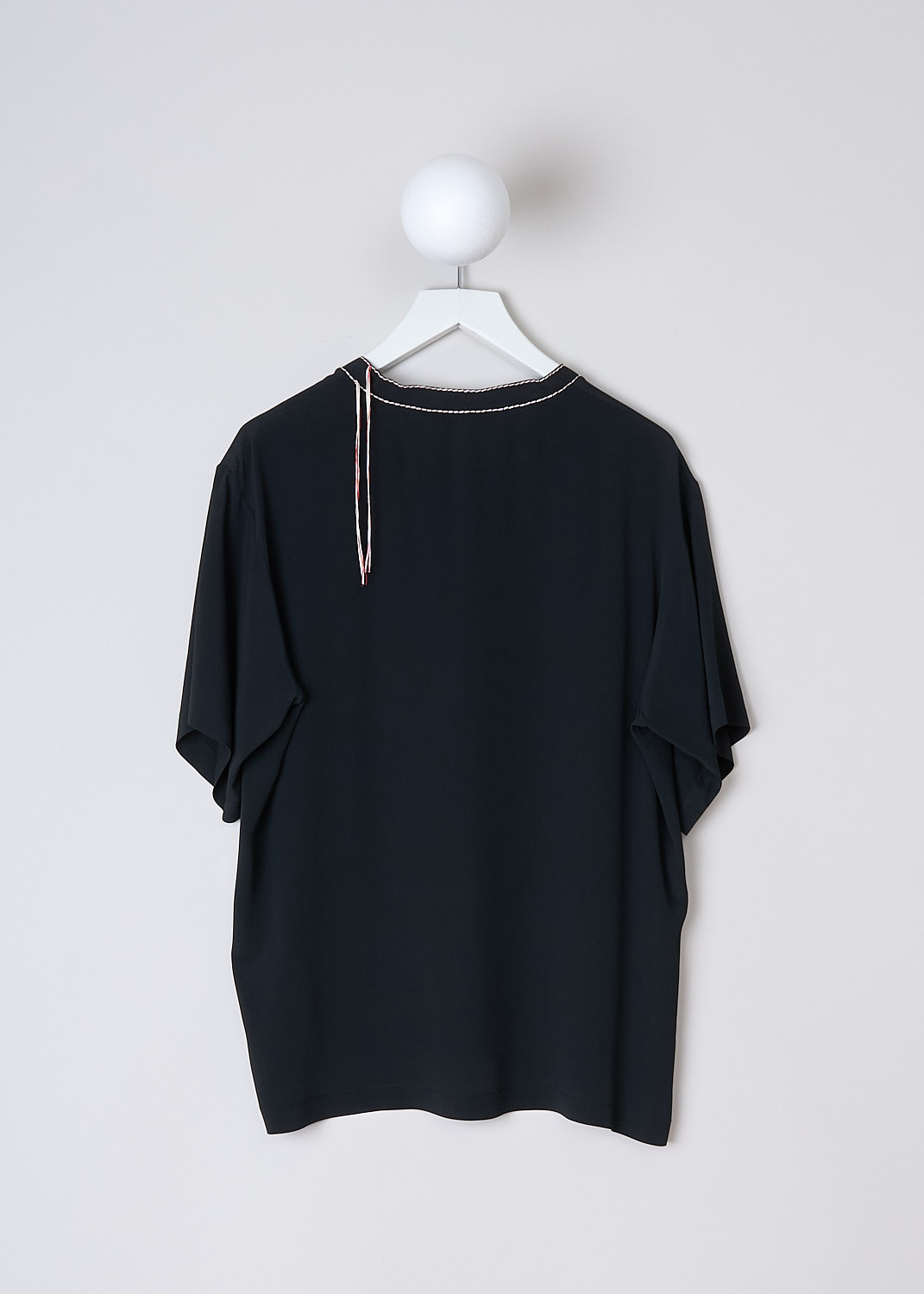 MARNI, BLACK WASHED CRÊPE TOP WITH CONTRAST STITCHING, CAMA0015M1_TA089_00N99, Black, Back, This black washed crêpe top has round neckline with white and red stitching. The top has short sleeves and an asymmetric hemline with small slits. 
