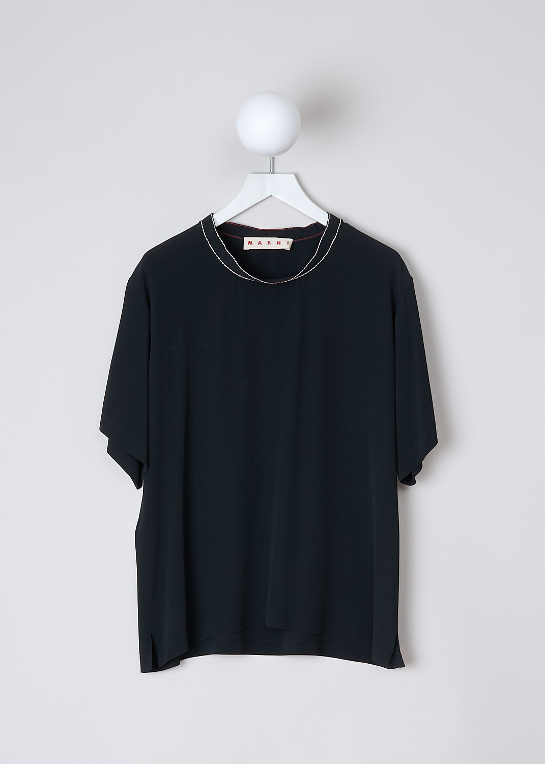 MARNI, BLACK WASHED CRÊPE TOP WITH CONTRAST STITCHING, CAMA0015M1_TA089_00N99, Black, Front, This black washed crêpe top has round neckline with white and red stitching. The top has short sleeves and an asymmetric hemline with small slits. 
