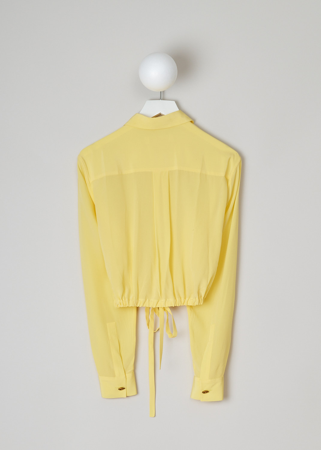 MARNI, LEMON YELLOW SILK CRÊPE DE CHINE BLOUSE, CAMA0526A0_UTSF72_00Y20, Yellow, Back, This cropped silk crêpe de Chine blouse in lemon yellow has a pointed collar and a front button closure, with a bronze-colored top button. The long sleeves cuffs with those same bronze-colored buttons. In the front, the blouse has a single breast pocket. The hemline has a drawstring. 
  
