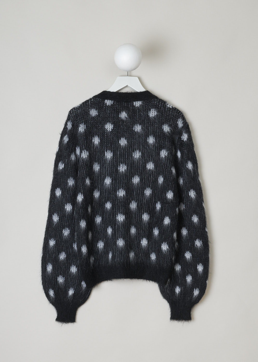 MARNI, BRUSHED DOTS FUZZY WUZZY CARDIGAN, CDMD0326Q0_UFU160_DON99, Black, Print, Grey, Back, This brushed dots Fuzzy Wuzzy cardigan has a black V-neckline with a front button closure. The sweater has a two-tone dot pattern in black and grey. The long balloon sleeves have ribbed cuffs. That same ribbed finish can be found on the hemline.
