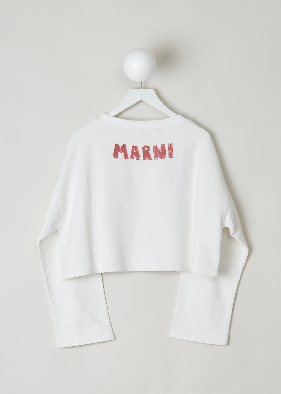 MARNI, CROPPED WHITE SWEATER WITH GRAPHIC PRINT, FLJE0174P1_USCU99_FBW03_STONE_WHITE, White, Print, Blue, Back, This long sleeve crewneck sweater has a graphic print on the front. The brand's lettering in printed in the back in red. The sweater has a cropped length. 
