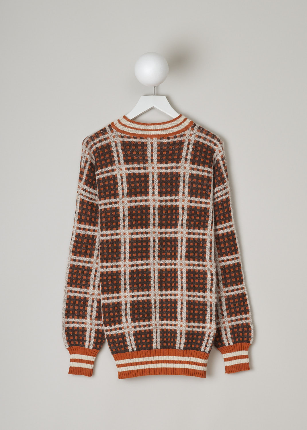 MARNI, 50'S CHECKED LOBSTER SWEATER, GCMD0454Q0_UFH544_CHR20, Orange, Print, Back, This orange checked sweater has a round neckline and long sleeves. The neckline, cuffs and hemline have a striped ribbed trim.  
