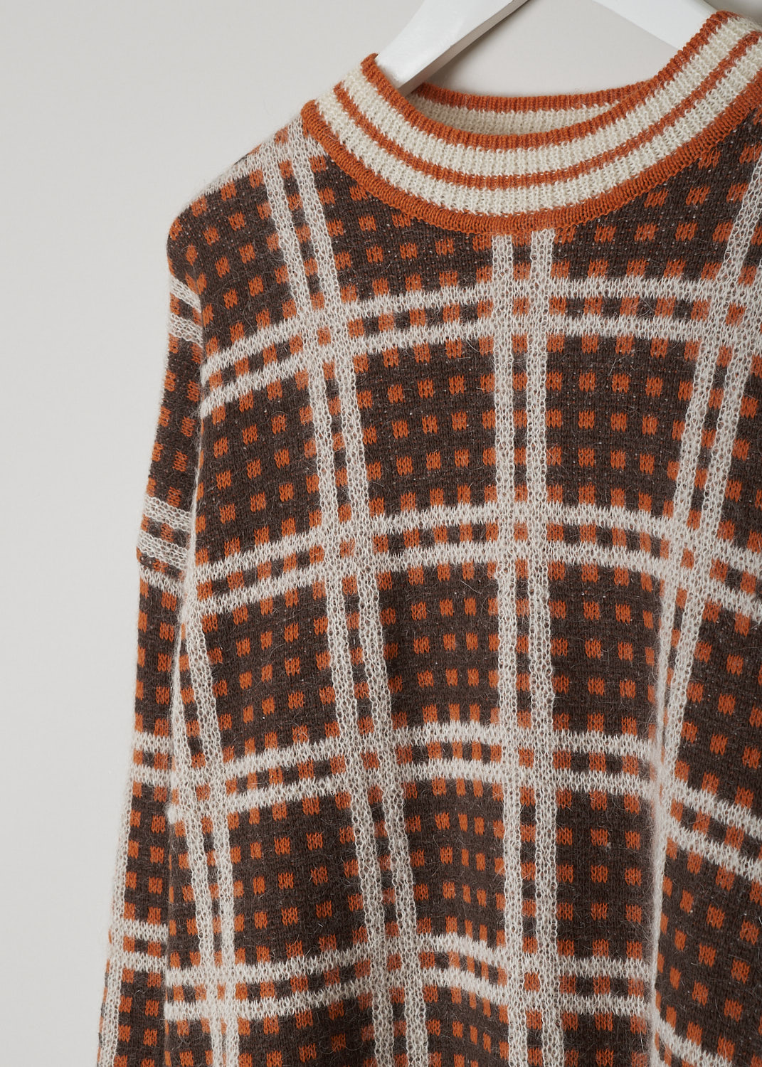 MARNI, 50'S CHECKED LOBSTER SWEATER, GCMD0454Q0_UFH544_CHR20, Orange, Print, Detail, This orange checked sweater has a round neckline and long sleeves. The neckline, cuffs and hemline have a striped ribbed trim.  
