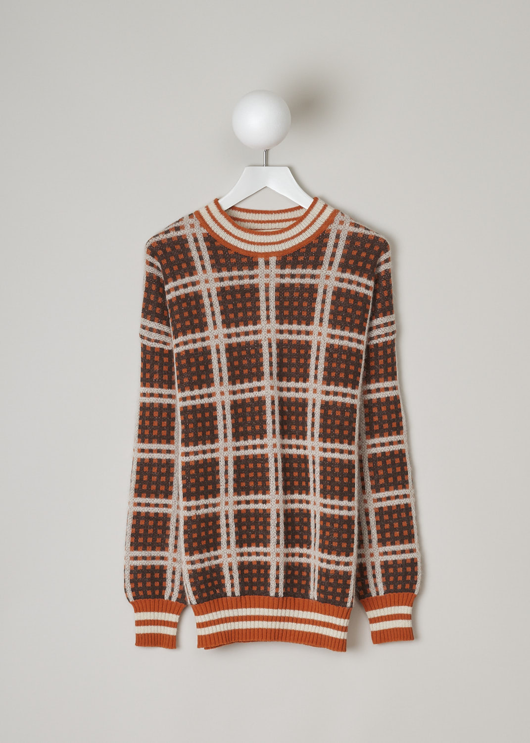 MARNI, 50'S CHECKED LOBSTER SWEATER, GCMD0454Q0_UFH544_CHR20, Orange, Print, Front, This orange checked sweater has a round neckline and long sleeves. The neckline, cuffs and hemline have a striped ribbed trim.  
