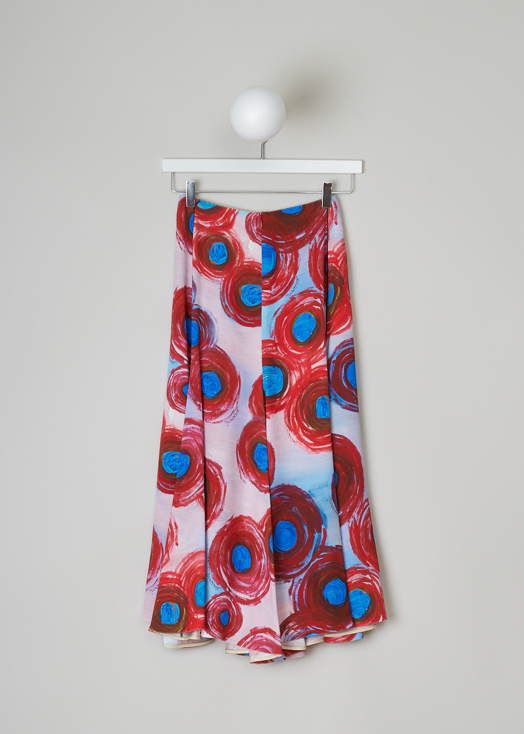 MARNI, BUCHI ROSSI MIDI SKIRT, GOMA0550A0_UTV976_BRR64, Pink, Blue, Print, Back, This high-waisted midi skirt has a pink base color with painterly red and blue dots throughout. In the back, a hook-and eye and concealed zip functions as the closure. The flared skirt has pleats from the waist down to the asymmetric hem.   
