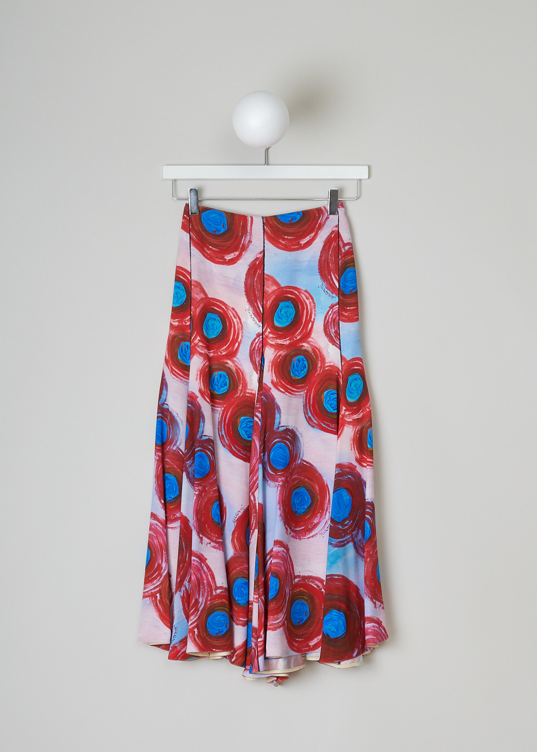 MARNI, BUCHI ROSSI MIDI SKIRT, GOMA0550A0_UTV976_BRR64, Pink, Blue, Print, Front, This high-waisted midi skirt has a pink base color with painterly red and blue dots throughout. In the back, a hook-and eye and concealed zip functions as the closure. The flared skirt has pleats from the waist down to the asymmetric hem.   
