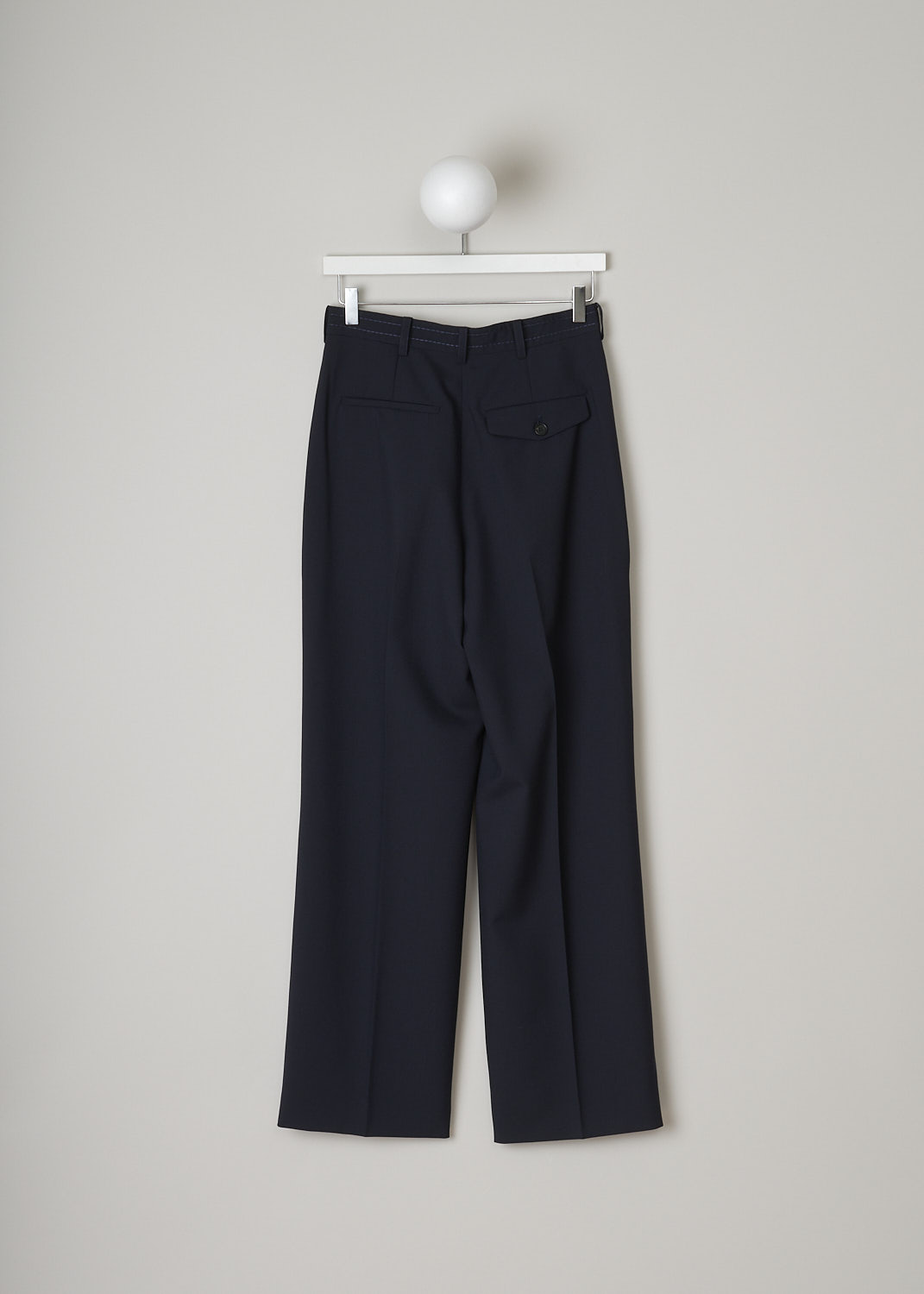 MARNI, DARK NAVY HIGH-WAISTED PANTS, PAMA0385U2_TW839_00B99, Blue, Back, These dark navy high-waisted pants have a waistband with belt loops. In the front, the brand's logo patch is attached on the waistband.
The pants has slanted welt pockets. Centre pleats run along the length of the wide pants legs. In the back, these pants have two welt pockets: one with flap and button. 
  
