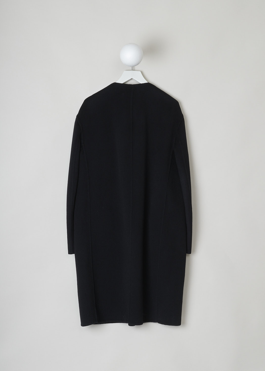 MARNI, LONG BLACK DUSTER COAT, SPMA0048KU_TW888_00N99, Back, Black, This long collarless duster coat in black features a front button closure with round metal buttons. The long sleeves are lined. Slanted pockets are concealed in the side seams. The coat has a straight hemline. 
