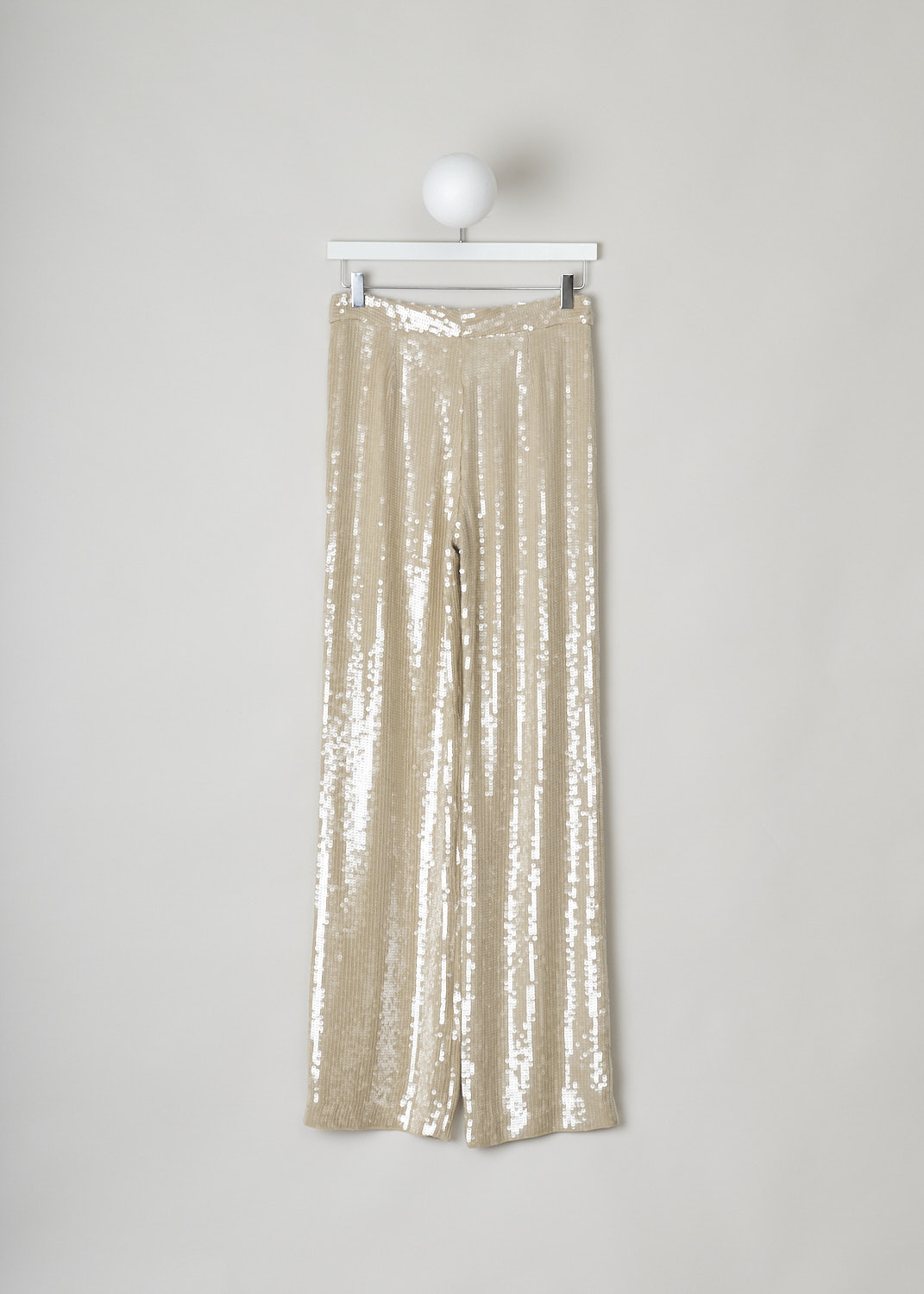 NILI LOTAN, KHAKI COLORED SEQUIN PANTS, 12186_W688_KHAKI, Back, Beige, These khaki colored pants are fully covered with see-through sequin. A concealed clasp and zip functions as the closure option. These pants have straight pant legs and are fully lined. 
