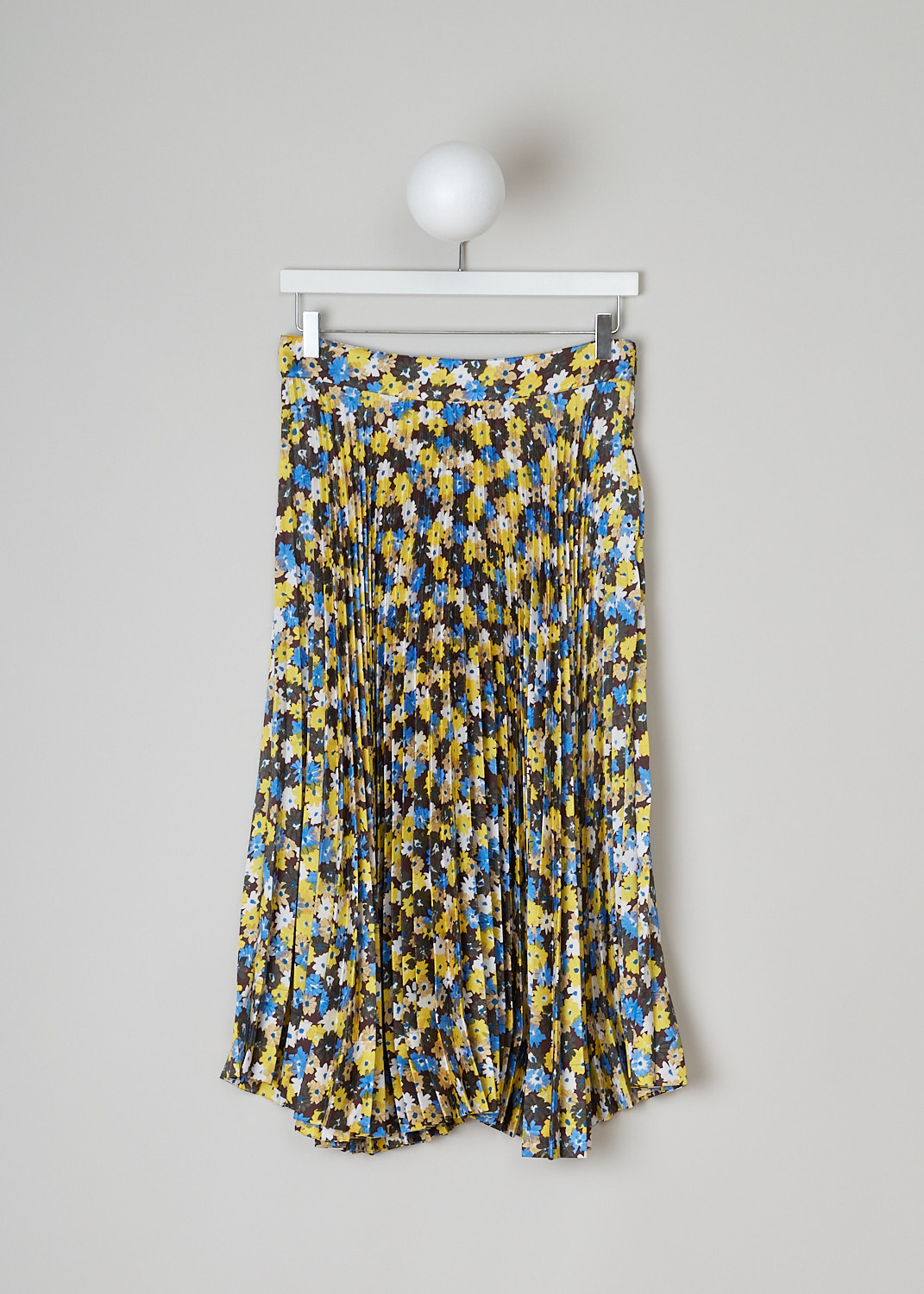 PLAN C, DAISY BOUQUET PLEATED SKIRT, GOCAB10EB0_TP084_FIY04, Yellow, Blue, Print, Front, This twill pleated midi skirt has an all-over multicolored Daisy Bouquet print. The skirt has a concealed side zip.        
