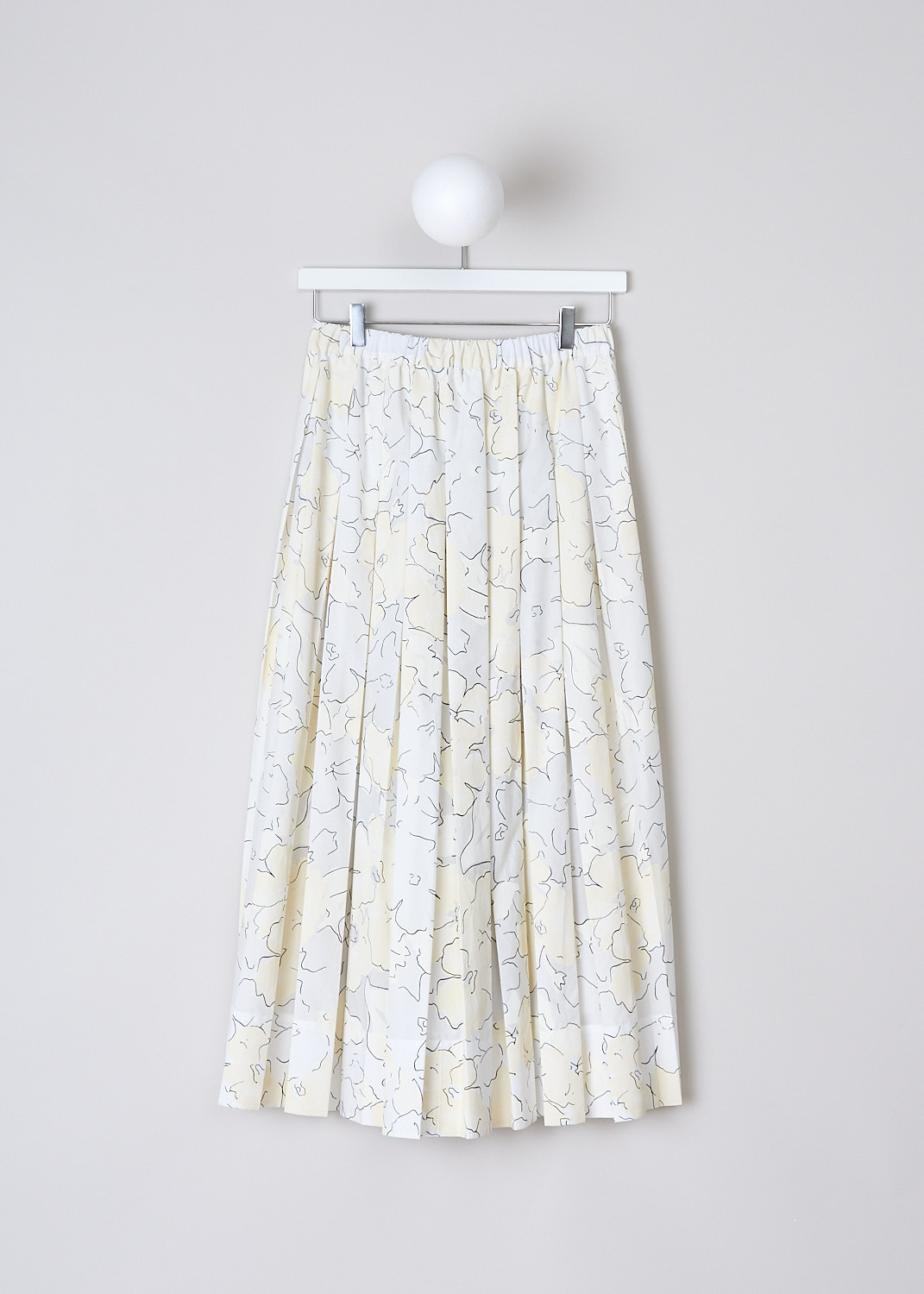 PLAN C, PLEATED FIELD OF FRANGIPANI SKIRT IN BUTTER TONES, GOCAD30HE0_TP091_FIY05, Beige, Print, Yellow, Back, This multi-fabric Field Of Frangipani pleated midi skirt has a small floral print in the front and a big floral print in the back. Both prints are in butter tones. The skirt has a broad elasticated waistband. Slanted side pockets are concealed in the side seams. The skirt has an asymmetric hemline, meaning the back is longer than the front. 

