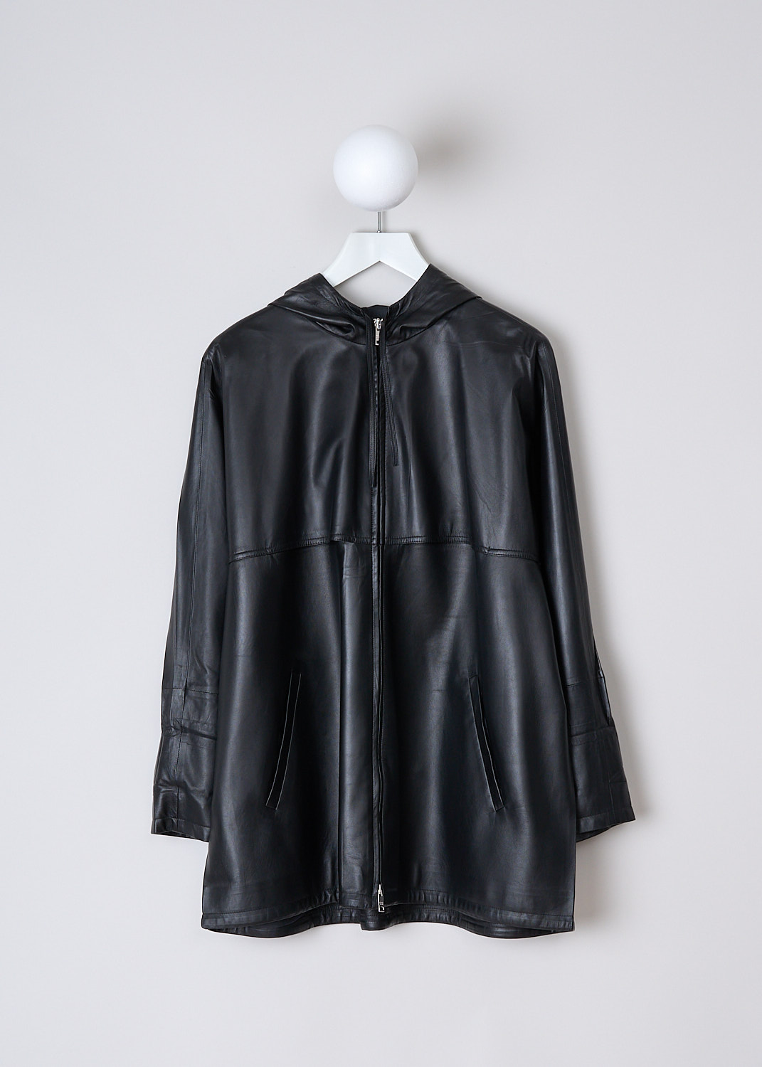 PRADA, BLACK HOODED LEATHER JACKET, 58853_JHI_F0002_NAPPA_NERO, Black, Front, This black leather jacket has a hood with drawstrings. The jacket has a silver-tone two-way zipper in the front. Slanted welt pockets can be found in the front. The jacket has a stormflap in the front and back. The straight hemline has drawstring. The jacket has a wider silhouette. 
