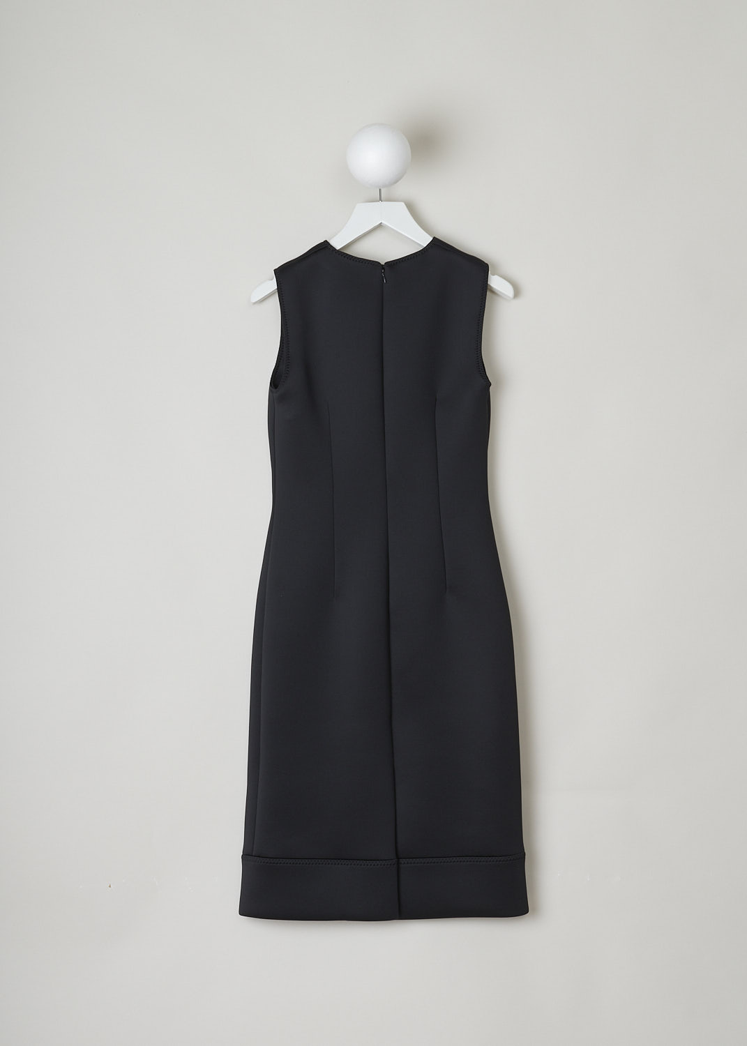 PRADA, BLACK SLEEVELESS SHEATH DRESS, P37H7_1SLI_F0002_JERSEY_DOPPIO_I_NERO, Black, Back, This black sleeveless sheath dress is made of a thick, neoprene-like fabric. This smooth, elasticated fabric hugs the body and is known not to wrinkles. The seams throughout the dress have a decorative zigzag pattern. The dress has a broad hemline. In the back, a concealed centre zip functions as the closure option. 

