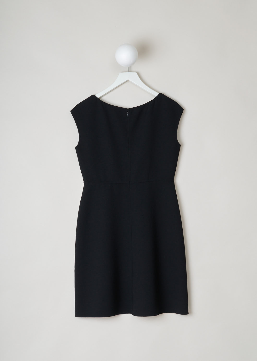 Prada, A-line dress in white with black, natte_double_B_P399T_F0N_nero_talco, black white, back, Midi length black and white A-line dress. Black on the back, and from the chest down white. Featuring a scoop neckline, no sleeves and a concealed zipper on the back. 