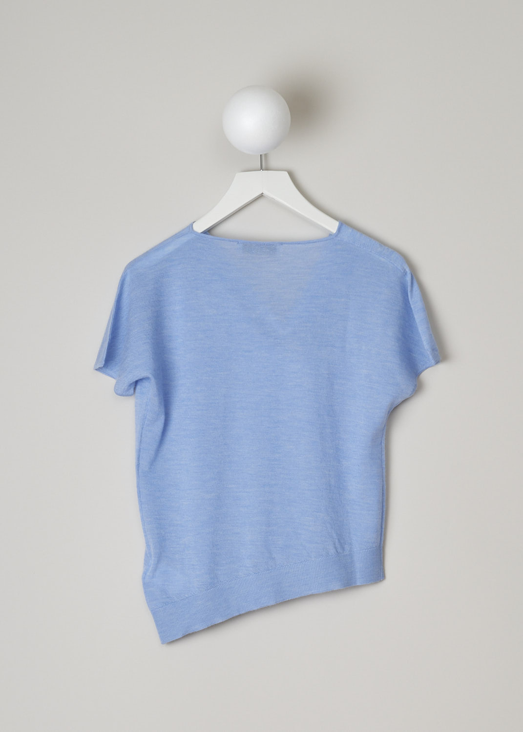 PRINGLE OF SCOTLAND, LIGHT BLUE CASHMERE TOP, WTE018_2885_LIGHT_BLUE_MELANGE, Blue, Back, This light blue cashmere top has a cowl neck and short cap sleeve. The top has a ribbed, asymmetric hemline. 
