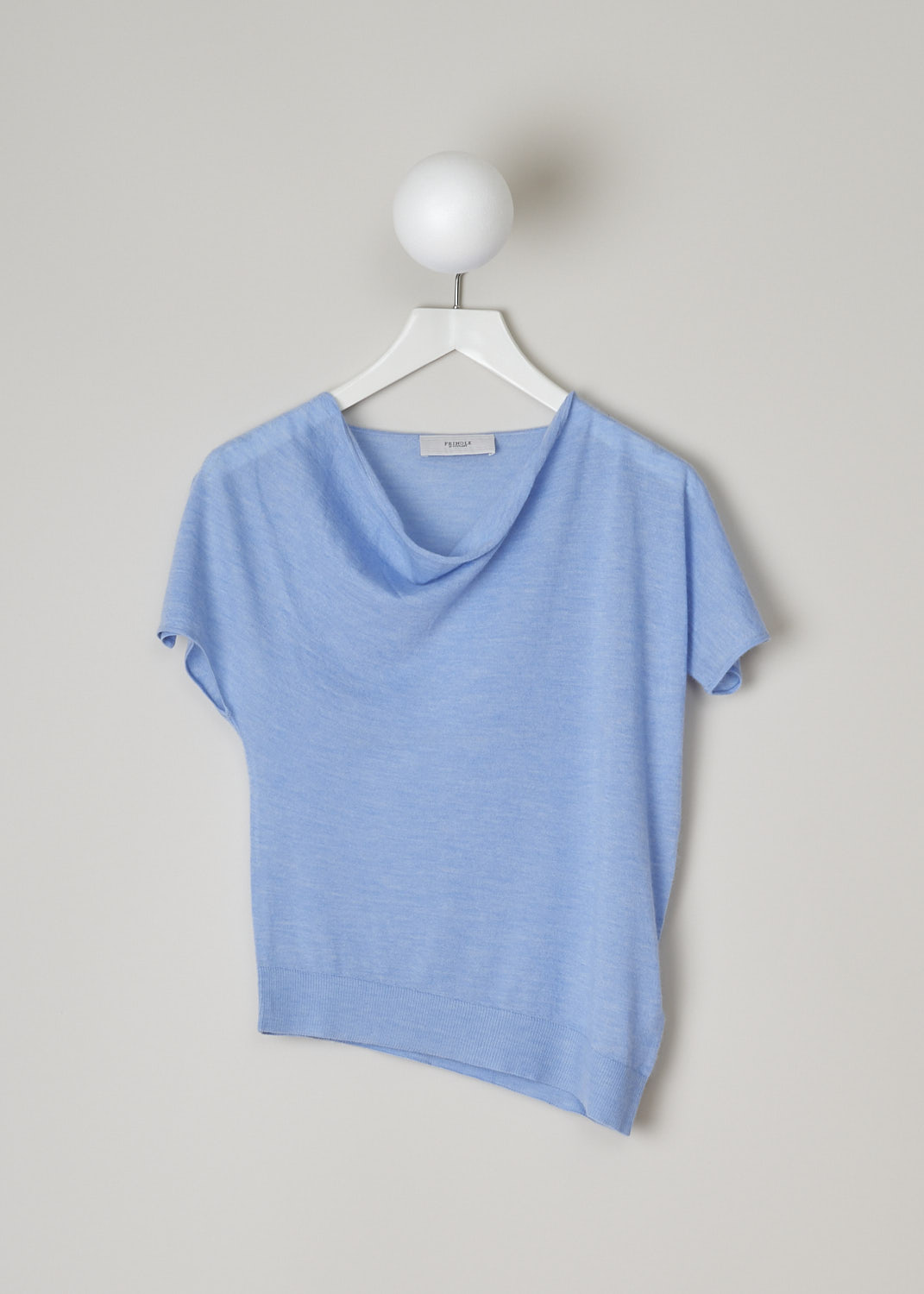 PRINGLE OF SCOTLAND, LIGHT BLUE CASHMERE TOP, WTE018_2885_LIGHT_BLUE_MELANGE, Blue, Front, This light blue cashmere top has a cowl neck and short cap sleeve. The top has a ribbed, asymmetric hemline. 
