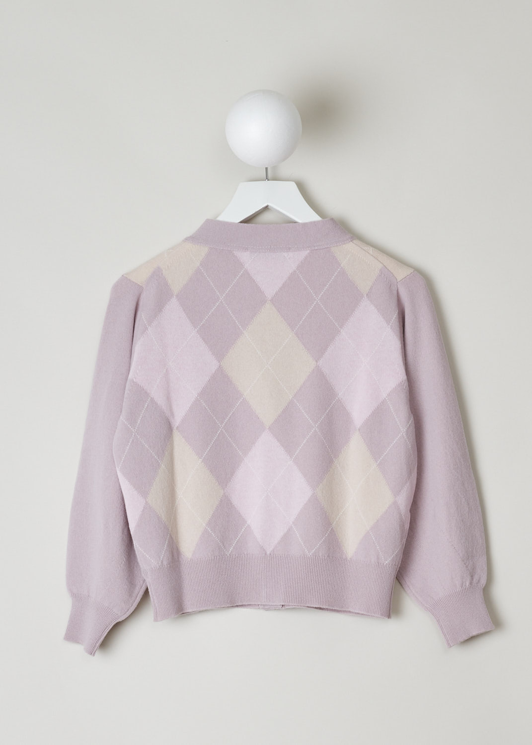 PRINGLE OF SCOTLAND, POWDER PINK ARGYLE CARDIGAN, PWB829_TZB2_POWDER_PIN, Pink, Print, Back, This powder pink argyle cardigan has a V-shaped neckline and a front button closure. The cuffs and hemline have a ribbed finish. The cardigan has a cropped length. 
