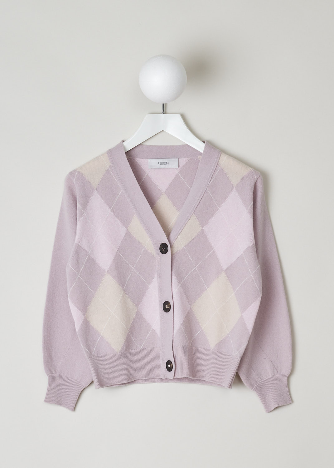 PRINGLE OF SCOTLAND, POWDER PINK ARGYLE CARDIGAN, PWB829_TZB2_POWDER_PIN, Pink, Print, Front, This powder pink argyle cardigan has a V-shaped neckline and a front button closure. The cuffs and hemline have a ribbed finish. The cardigan has a cropped length. 
