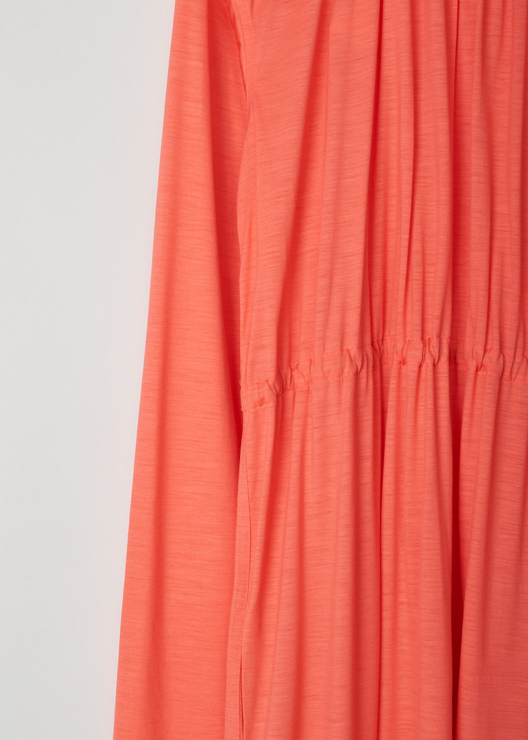 SOFIE Dâ€™HOORE, LONG SLEEVE CORAL DRESS, DARA_WOJE_CORAL, Pink, Orange, Detail, This coral colored maxi dress features a gathered elasticated neckline. The waist is also elasticated, cinching in the waist. Slant pockets can be found concealed in the seam.
