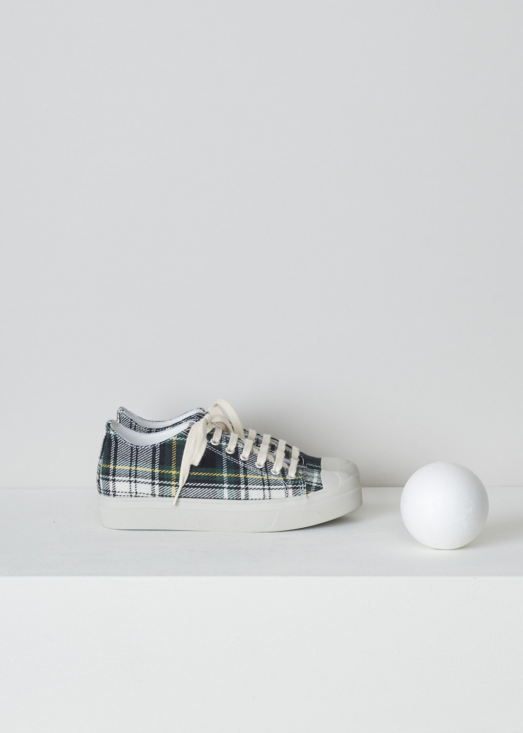 SOFIE Dâ€™HOORE, BLUE AND YELLOW TARTAN LOW TOP SNEAKERS, FOLK_WSCOT_TARTAN_3, Grey, Yellow, Print, Side, These low top sneakers with blue and yellow tartan print feature front lace-up fastening with white laces. These sneakers have a round toe with a white rubber toe cap. These shoes have white rubber soles.
 
