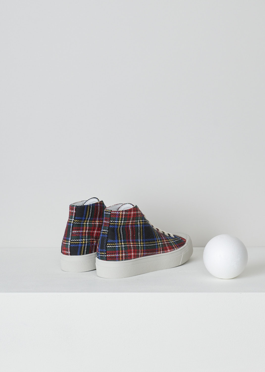 SOFIE Dâ€™HOORE, RED AND BLUE TARTAN SNEAKERS, FOSTER_WSCOT_TARTAN_4, Red, Blue, Print, Back, These high top sneakers with red and blue tartan print feature front lace-up fastening with white laces. These sneakers have a round toe with a white rubber toe cap. These shoes have white rubber soles.

