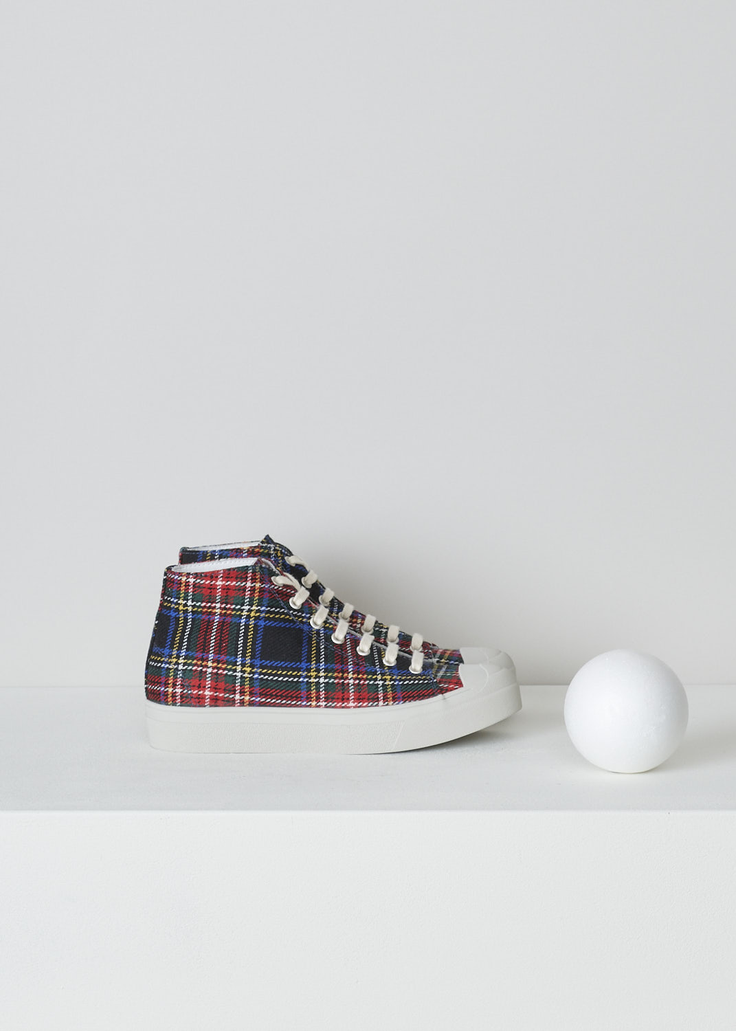 SOFIE Dâ€™HOORE, RED AND BLUE TARTAN SNEAKERS, FOSTER_WSCOT_TARTAN_4, Red, Blue, Print, Side, These high top sneakers with red and blue tartan print feature front lace-up fastening with white laces. These sneakers have a round toe with a white rubber toe cap. These shoes have white rubber soles.

