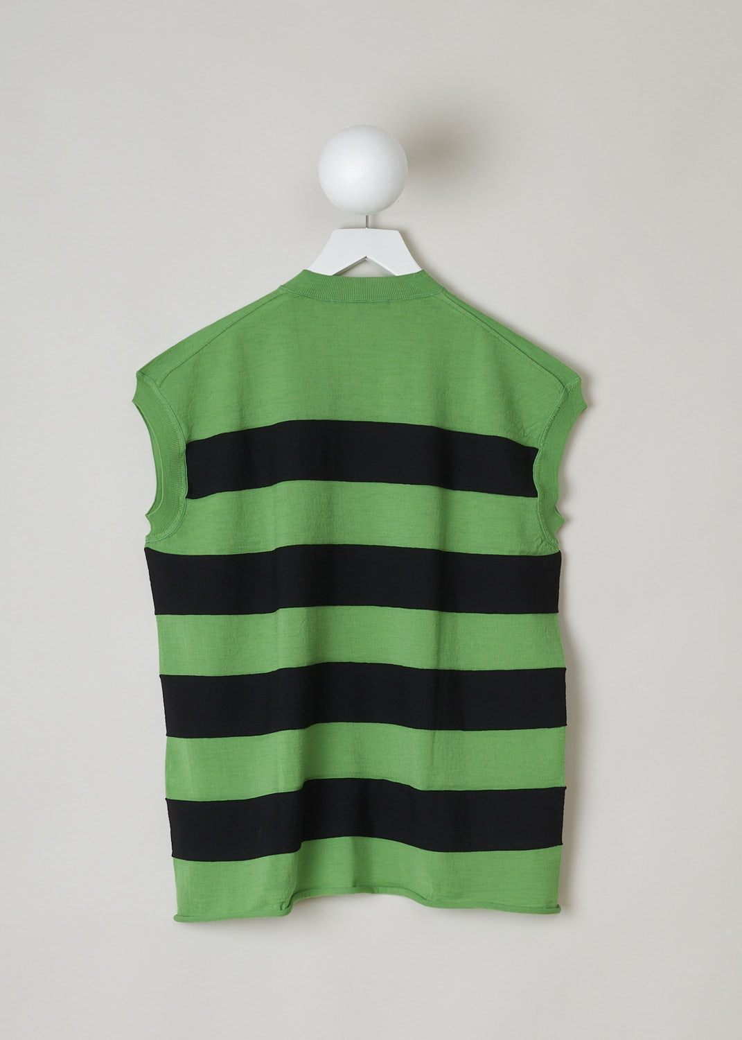 SOFIE Dâ€™HOORE, GREEN AND BLACK STRIPED VEST, MODA_YFIMBI_GREEN_BLACK, Green, Black, Back, This green and black striped wool vest has a ribbed V-neckline. That same ribbed finish can be found around the armholes. The vest has a rolled hemline. The vest has a wider silhouette. 
