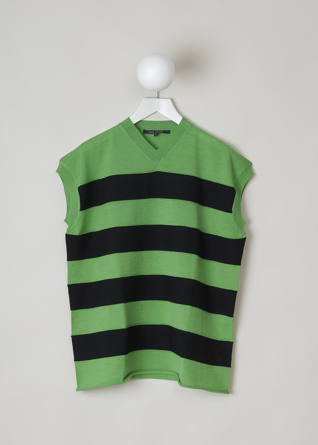 SOFIE Dâ€™HOORE, GREEN AND BLACK STRIPED VEST, MODA_YFIMBI_GREEN_BLACK, Green, Black, Front, This green and black striped wool vest has a ribbed V-neckline. That same ribbed finish can be found around the armholes. The vest has a rolled hemline. The vest has a wider silhouette. 
