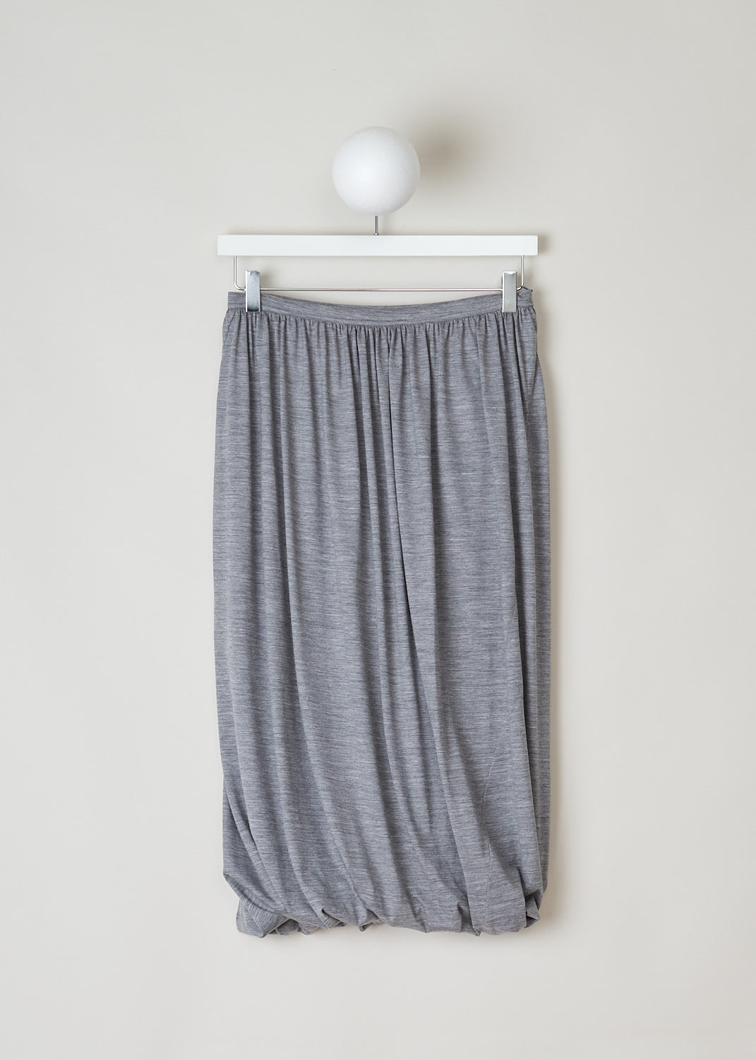 SOFIE Dâ€™HOORE, HEATHER GREY BALLOON SKIRT, SAOLA_WOJE_LIGHT_GREY_MELA, Grey, Front, This twisted balloon skirt in heather grey features a concealed side zip. A single side pocket can be found concealed in the seam.
