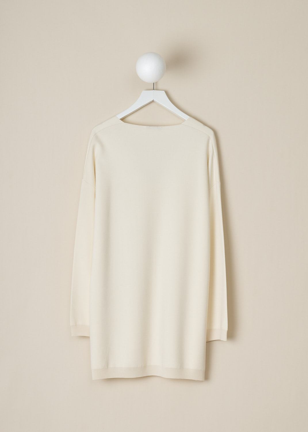 THE ROW, IVORY WHITE OVERSIZED MIRU TOP, MIRU_TOP_3227FI_BQ_IVORY, White, Back, This ivory white oversized Miru top has a deep V-neckline. The long sleeves have dropped shoulders and ribbed cuffs. The top has a straight, ribbed hemline. 
