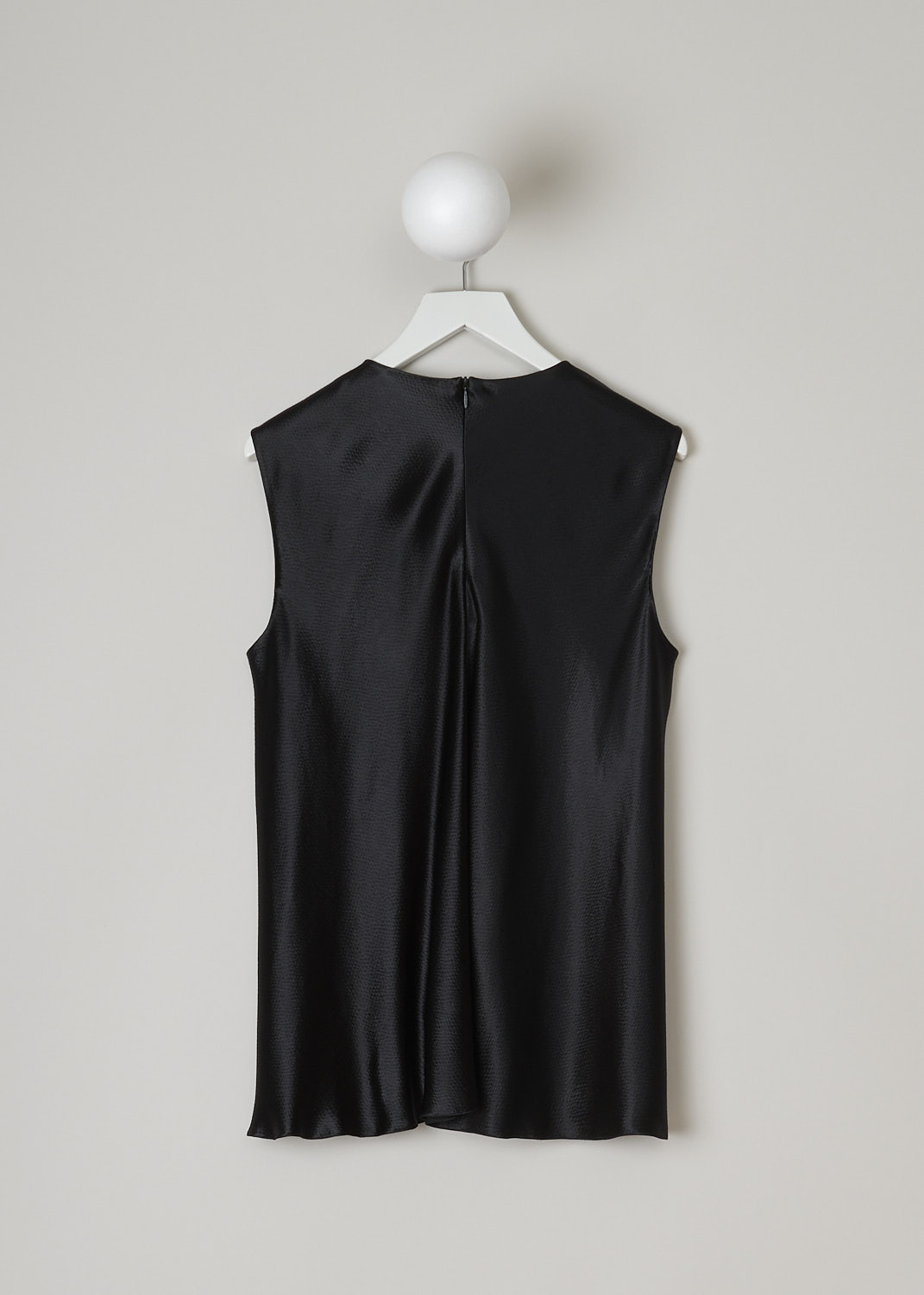 THE ROW, HAMMERED SATIN TOP IN BLACK, SHIRA_TOP_4923WI_616_BLACK,  Black, Back, This hammered satin sleeveless top in black has a round neckline with a pleated front detailing. In the back, a concealed centre zip can be found. The top has a wider silhouette.
