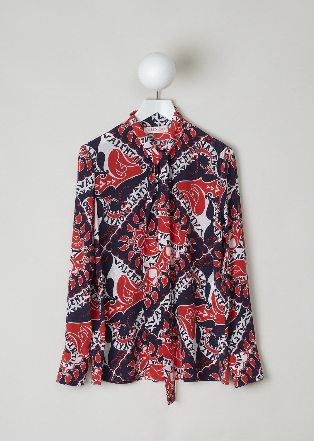 VALENTINO, BOLD PRINTED TIE DETAIL BLOUSE, 1B3AB3Y27AP_01N, Print, Red, Blue, Front, This bold printed silk blouse has a collar with a self tie detail. The blouse has a concealed front button closure and buttoned cuffs. The hemline is straight. 
