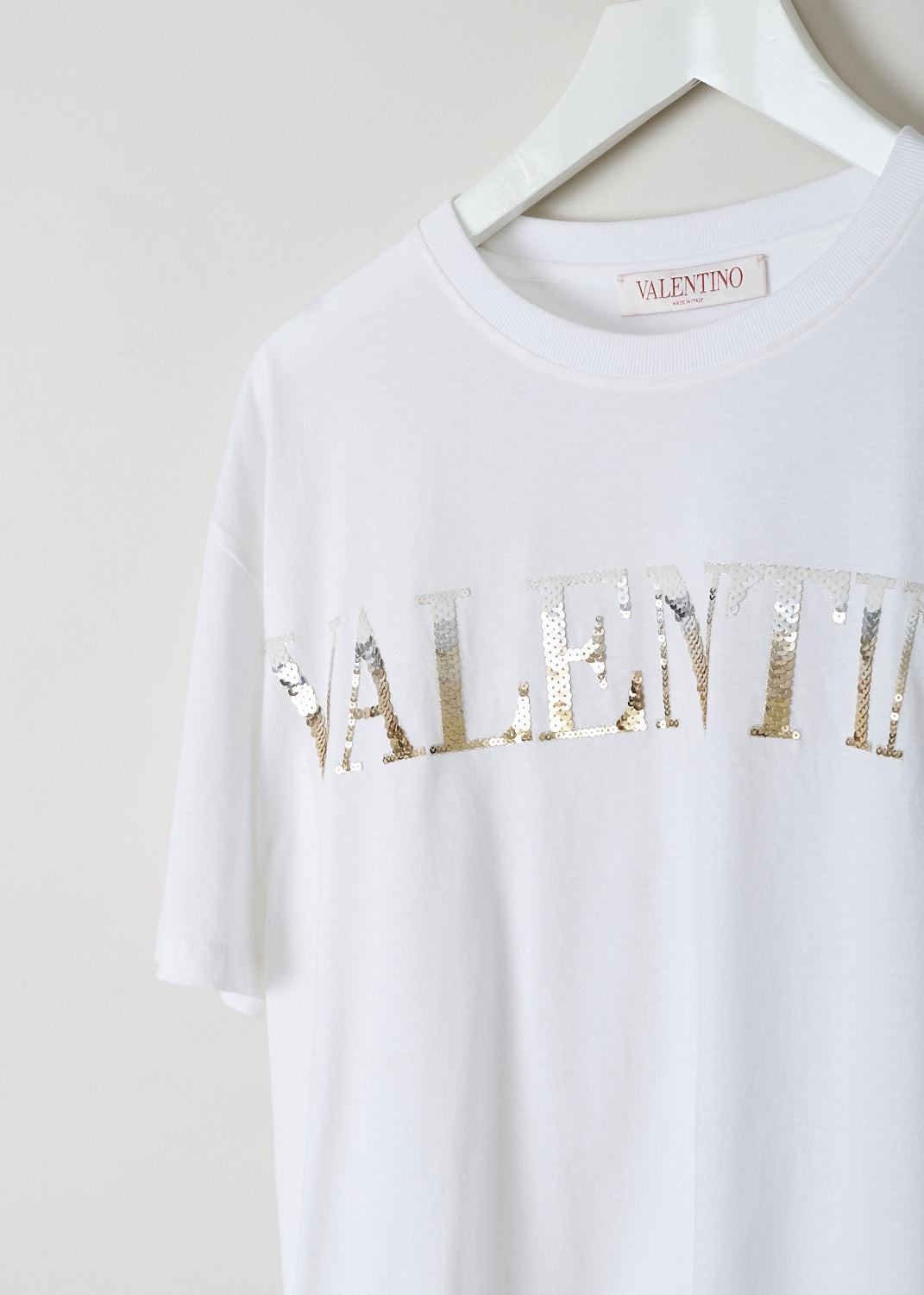 VALENTINO, WHITE T-SHIRT WITH SEQUIN LETTERING, 1B3MG18W7DN_0BO, White, Detail, This white T-shirt has the brand's lettering in ombre sequins across the chest. The shirt has a round neckline and short sleeves. 

