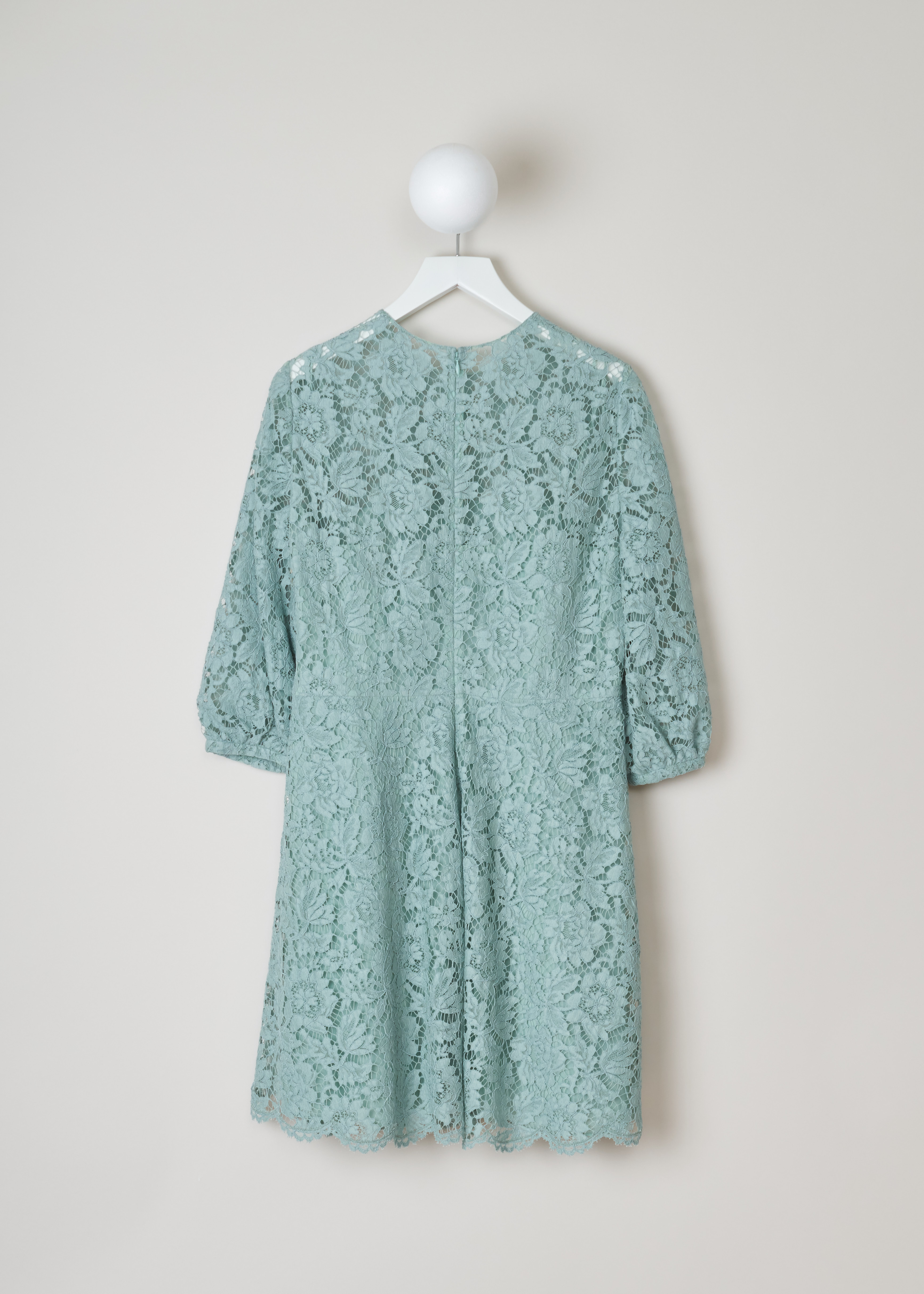 Valentino pastel green long sleeve lace dress RB0VALH71EC_5W0 light blue back. Pastel green dress in cotton lace, bishop sleeves, a fitted bodice with a close-fit neckline, an A-line skirt, scalloped hems and an invisible zip fastening on the back.