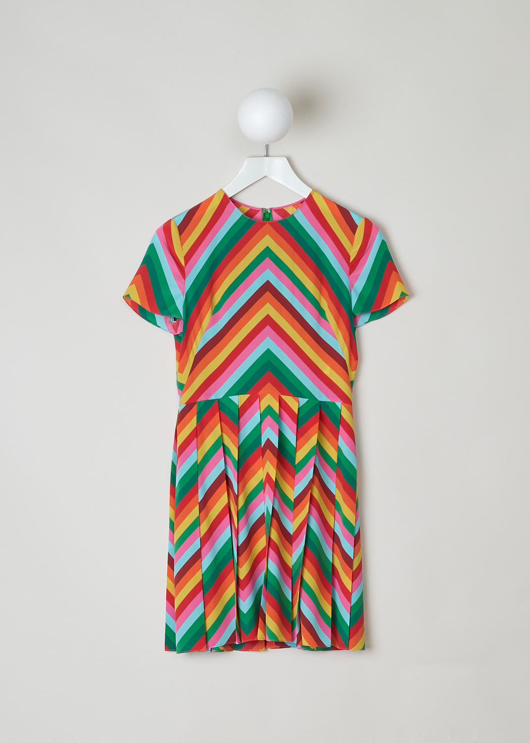 VALENTINO, MULTICOLORED ZIGZAG PRINT DRESS, XB3VAY7170Q_M12, Print, Pink, Orange, Front, This short sleeve dress has a multicolored diagonal striped pattern. The dress has a round neckline. The form fitting bodice goed over in the knife pleated circle skirt. In the back, a concealed centre zip functions as the closure option.

