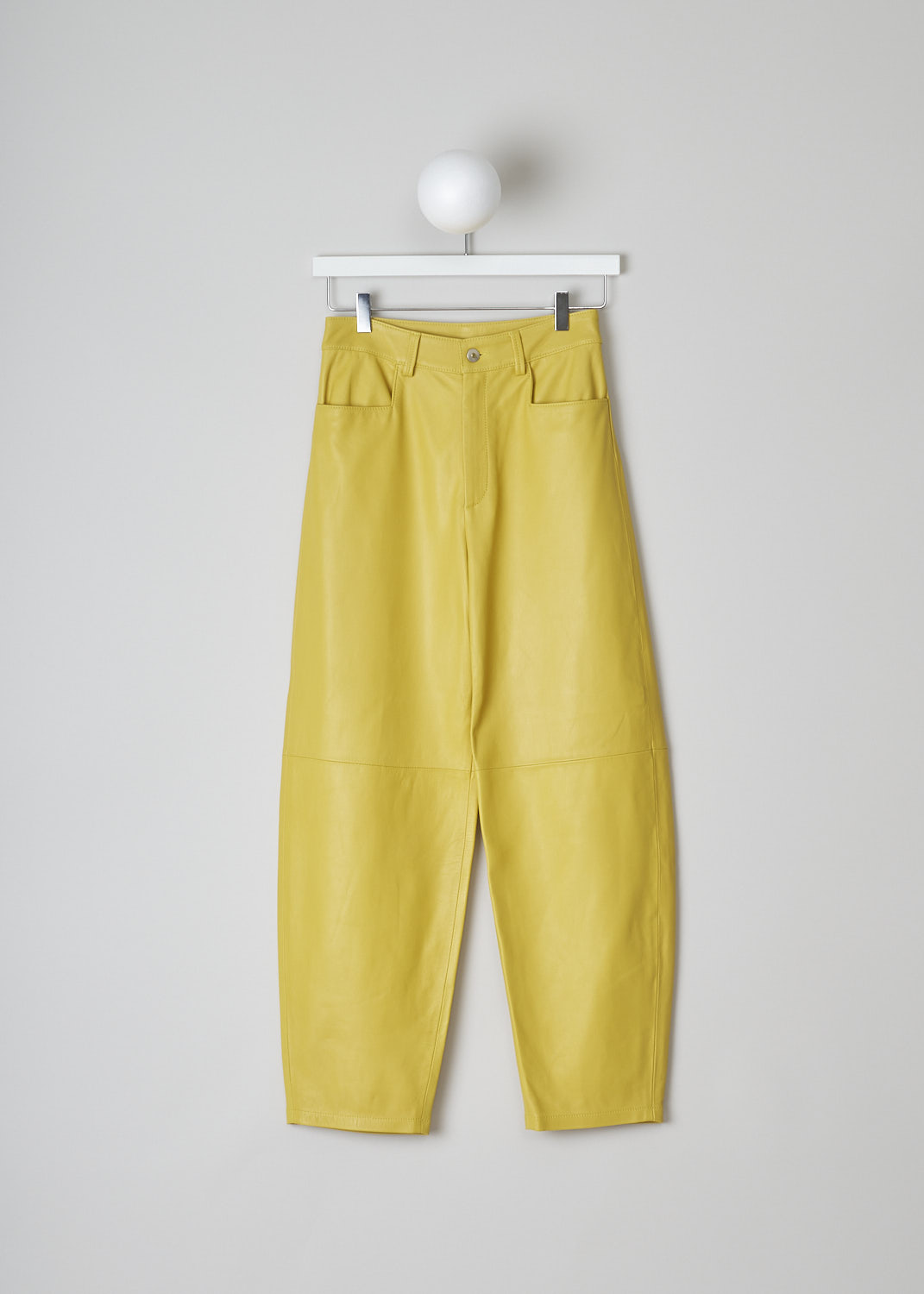 WANDLER, CHAMOMILE HOLIDAY PANTS, 22306_060301_1434_CHAMOMILE_HOLIDAY, Yellow, Front, These yellow leather Chamomile pants have a waistband with belt loops and a button and zip closure. The pants have a high-waisted fit. The balloon legs are cropped at the ankle. These pants have slanted pockets in the front and patch pockets in the back. 

