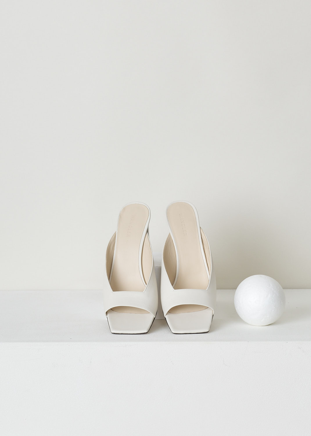 WANDLER, OFF-WHITE HEELED ISA SANDALS, 22204_101204_1082_ISA_SANDAL_DOVE_MIX, White, Top, These off-white leather slip-on sandals have a square-cut open-toe and a rectangular block heel.
