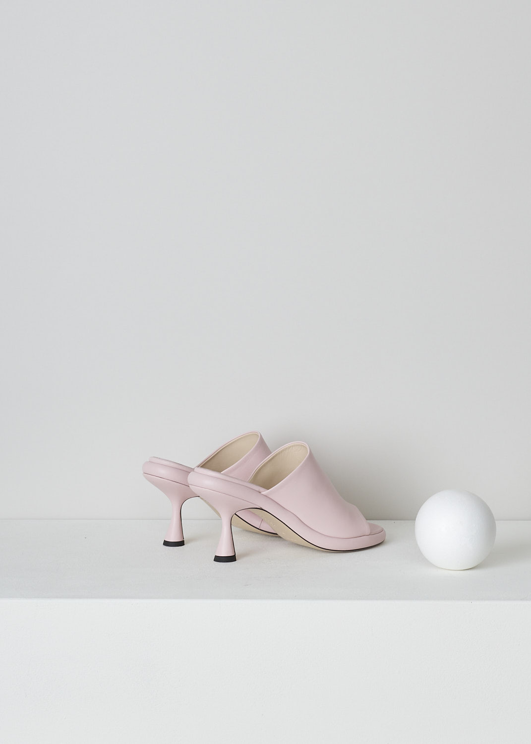 WANDLER, JUNE PLATFORM PUMPS IN SOFT PINK, 23202_871201_1862, Pink, Back, These soft pink heeled slip-on mules have a broad strap across the vamp, a rounded open-toe and a platform sole. The slip-on mules have a mid-height spool heel.

