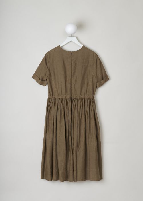 Aspesi, Mid-brown coloured empire dress, H615_C195_85085, brown, back, Get ready for the summer with this empire dress crafted out of linen. Featuring a keyhole neckline, short sleeves and a drawstring on the back for an adjustable waist width. The skirt start below the drawstring detailing and is decorated with small crystal pleats.