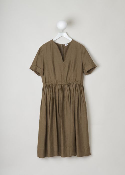 Aspesi, Mid-brown coloured empire dress, H615_C195_85085, brown, front, Get ready for the summer with this empire dress crafted out of linen. Featuring a keyhole neckline, short sleeves and a drawstring on the back for an adjustable waist width. The skirt start below the drawstring detailing and is decorated with small crystal pleats.