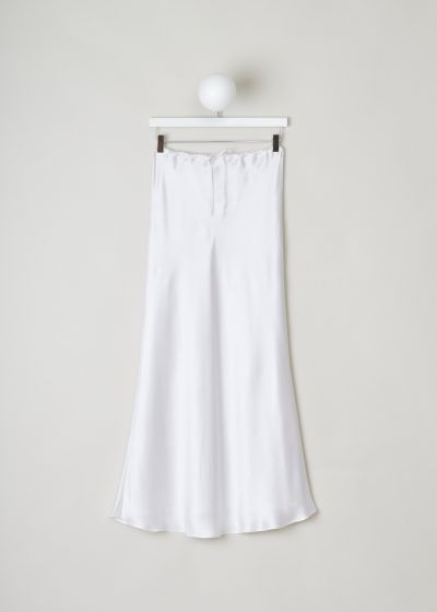 Bernadette, White satin skirt with drawstring fastening, skirt_emily_silk_satin_natural_white, white, front, A gorgeous white satin skirt deserves to be a part of your daily basics, would fit amazing with any top you throw at it or shoe under it. Designed in a flaring model, what stands out here is the fastening option, being a drawstring on the front.

