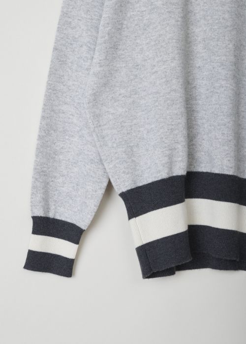 Brunello Cucinelli, Oversized grey sweater, M12132410_C2642, grey, detail, Grey sweater made with an oversized fit, and comes adorned with a black and white striped round neckline, cuffs and hem. Furthermore this model has long sleeves. 