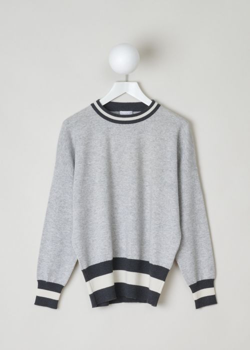 Brunello Cucinelli, Oversized grey sweater, M12132410_C2642, grey, front, Grey sweater made with an oversized fit, and comes adorned with a black and white striped round neckline, cuffs and hem. Furthermore this model has long sleeves. 