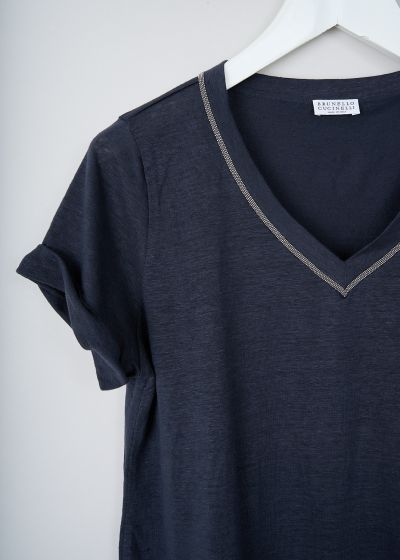 Brunello Cucinelli Navy blue V-neck shirt with monili detailing