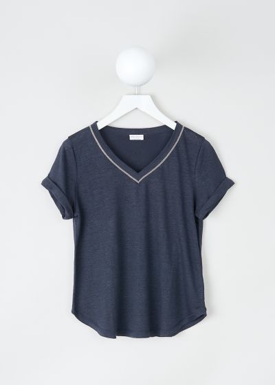 Brunello Cucinelli Navy blue V-neck shirt with monili detailing photo 2