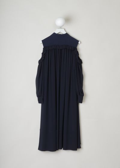Chloé, Off shoulder tent dress in navy, CHC19SRO160024D2_4D2_anthracite_blue, blue, front, A lovely tent dress made from silk crepe. The v-shaped neckline has frills coming off and following the open shoulder, before meeting on the back. Also decorating the back is a row of gorgeous pleats placed just below the frills. The long sleeves are cuffed and have a split adorning them. 
