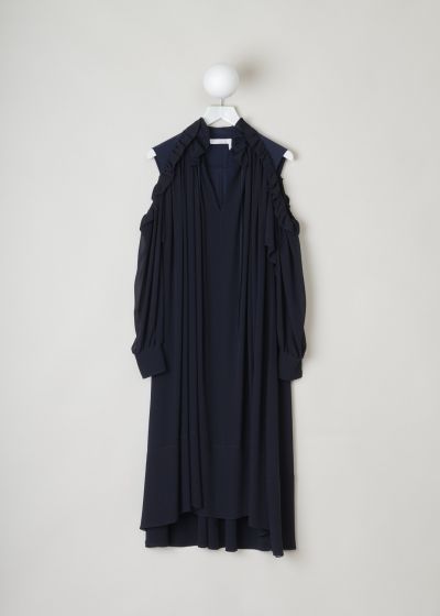 Chloé, Off shoulder tent dress in navy, CHC19SRO160024D2_4D2_anthracite_blue, blue, front, A lovely tent dress made from silk crepe. The v-shaped neckline has frills coming off and following the open shoulder, before meeting on the back. Also decorating the back is a row of gorgeous pleats placed just below the frills. The long sleeves are cuffed and have a split adorning them. 