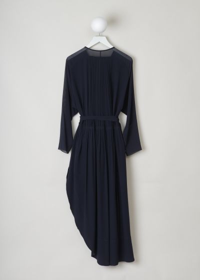 Chloé, Asymmetric navy dress with gold buttons, CHC20ARO110024D2, blue, back, A gorgeous navy coloured dress, crafted entirely out of silk. Made in a asymmetric format, and comes adorned with gold-tone hardware. Features a round neckline, long sleeves and comes with a ribbon in the same colour and fabric, used to clinch the waist and give this dress more of a feminine silhouette. Pleats fall down from the collar and continue flowing down skirt. 